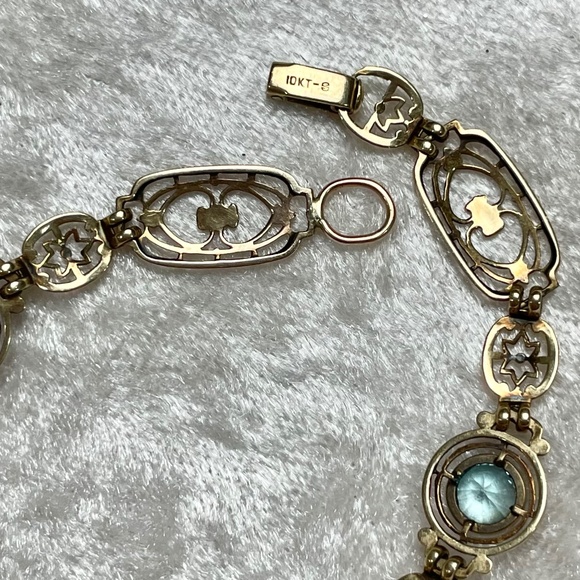 Vintage Art Deco 10K Solid Gold Natural Blue Zircon 5cts Fancy Link Bracelet - Picture 13 of 13